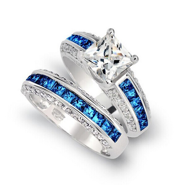 Princess Sapphire Blue & White CZ Rings Set in Silver YCR3471